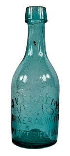 rare and intact early 1850's iron-pontiled applied tapred lip mineral or soda water bottle manufactured for joseph kennedy in pittsburgh, pennsylvania