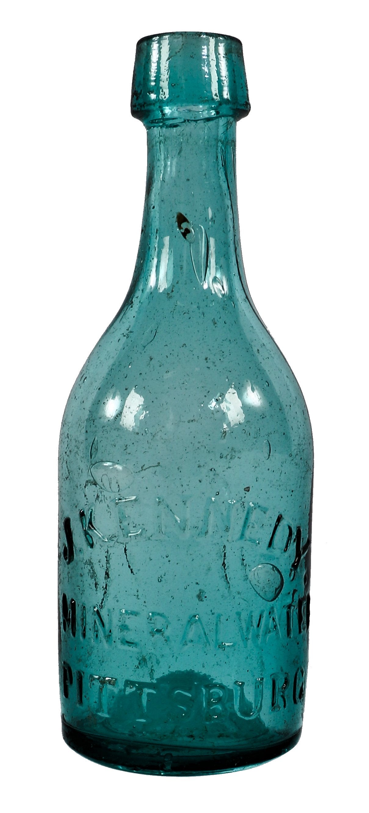 rare and intact early 1850's iron-pontiled applied tapred lip mineral or soda water bottle manufactured for joseph kennedy in pittsburgh, pennsylvania
