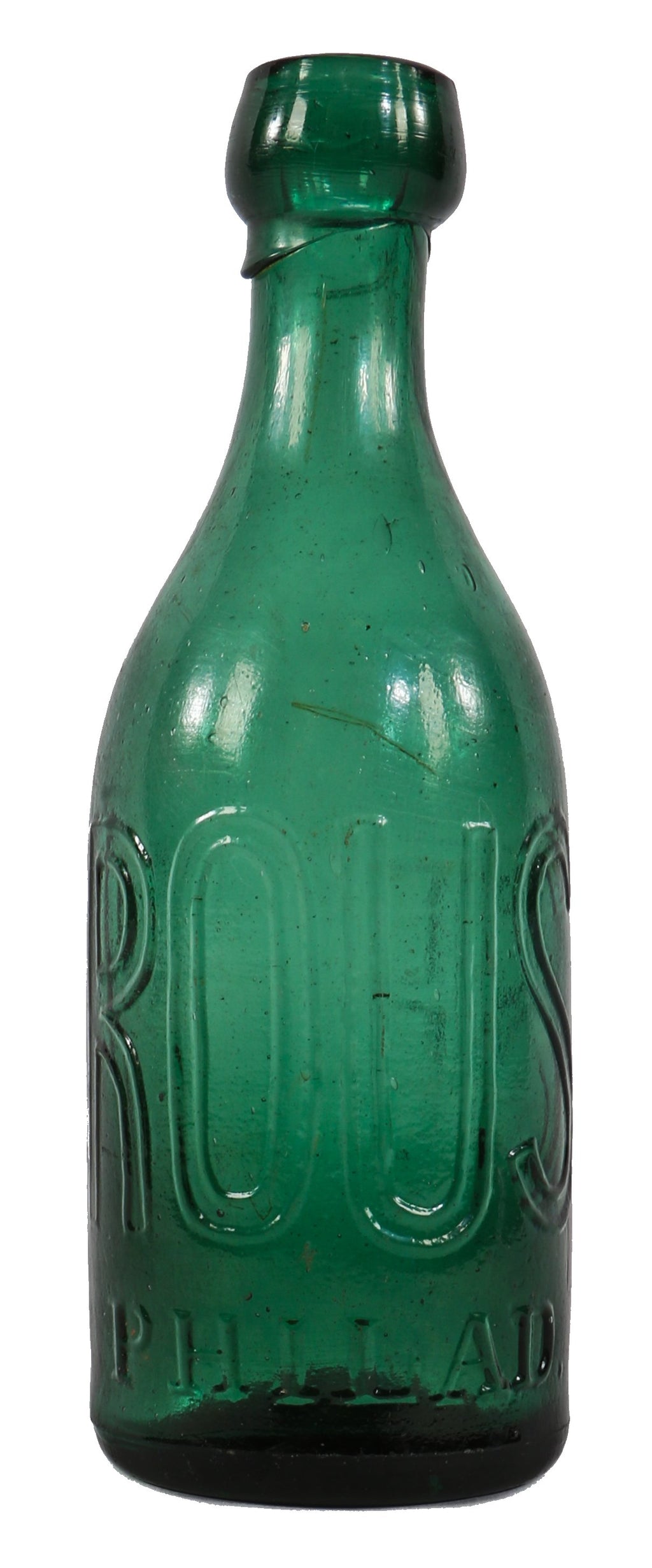 original and intact mid-nineteenth century antique american emerald green glass iron-pontiled soda bottle manufactured for philadelphia bottler eugene roussel.