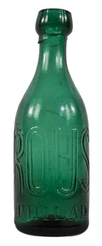 original and intact mid-nineteenth century antique american emerald green glass iron-pontiled soda bottle manufactured for philadelphia bottler eugene roussel.