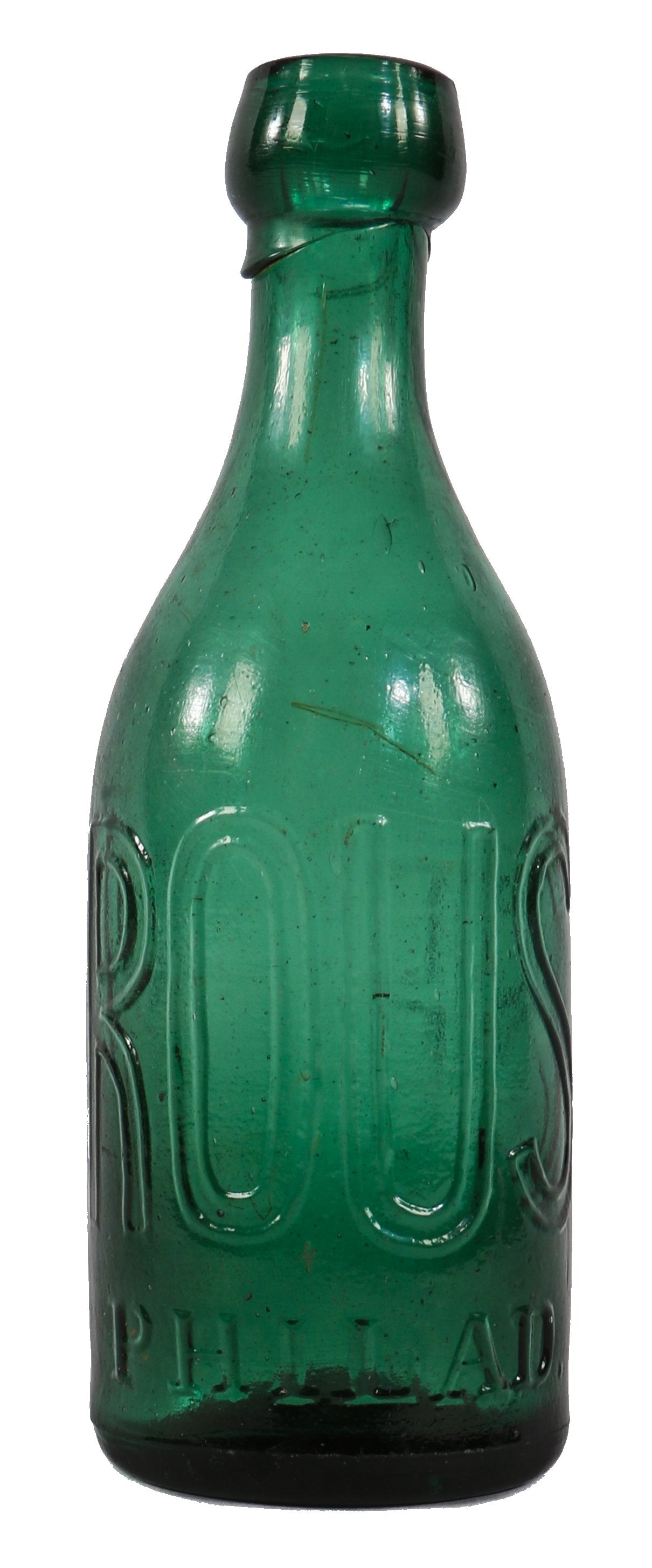 original and intact mid-nineteenth century antique american emerald green glass iron-pontiled soda bottle manufactured for philadelphia bottler eugene roussel.