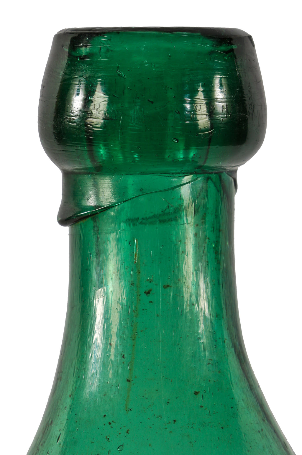 original and intact mid-nineteenth century antique american emerald green glass iron-pontiled soda bottle manufactured for philadelphia bottler eugene roussel.