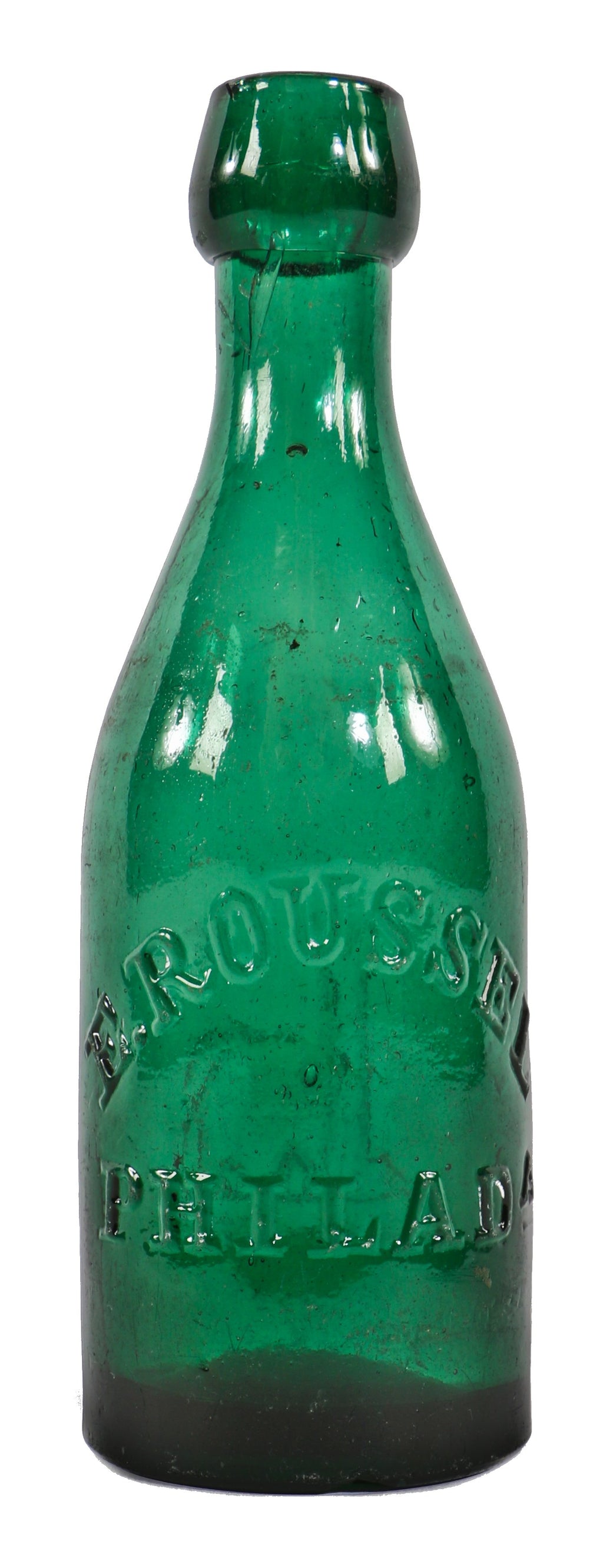 original early 1860's single largely intact deep emerald green smooth base soda bottle manufactured for philadelphia bottler eugene roussel with applied blobtop