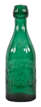 original early 1860's single largely intact deep emerald green smooth base soda bottle manufactured for philadelphia bottler eugene roussel with applied blobtop