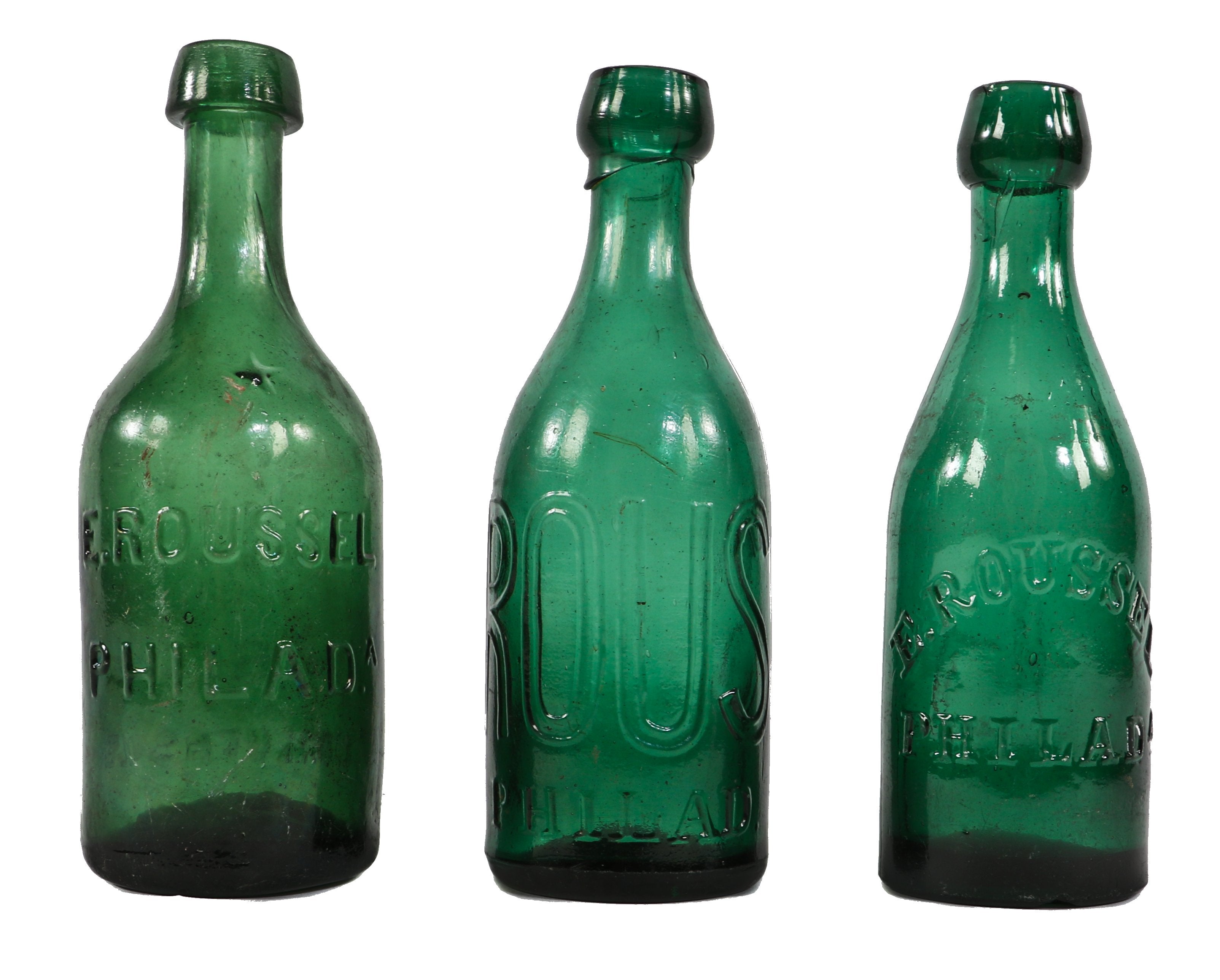 original early 1860's single largely intact deep emerald green smooth base soda bottle manufactured for philadelphia bottler eugene roussel with applied blobtop
