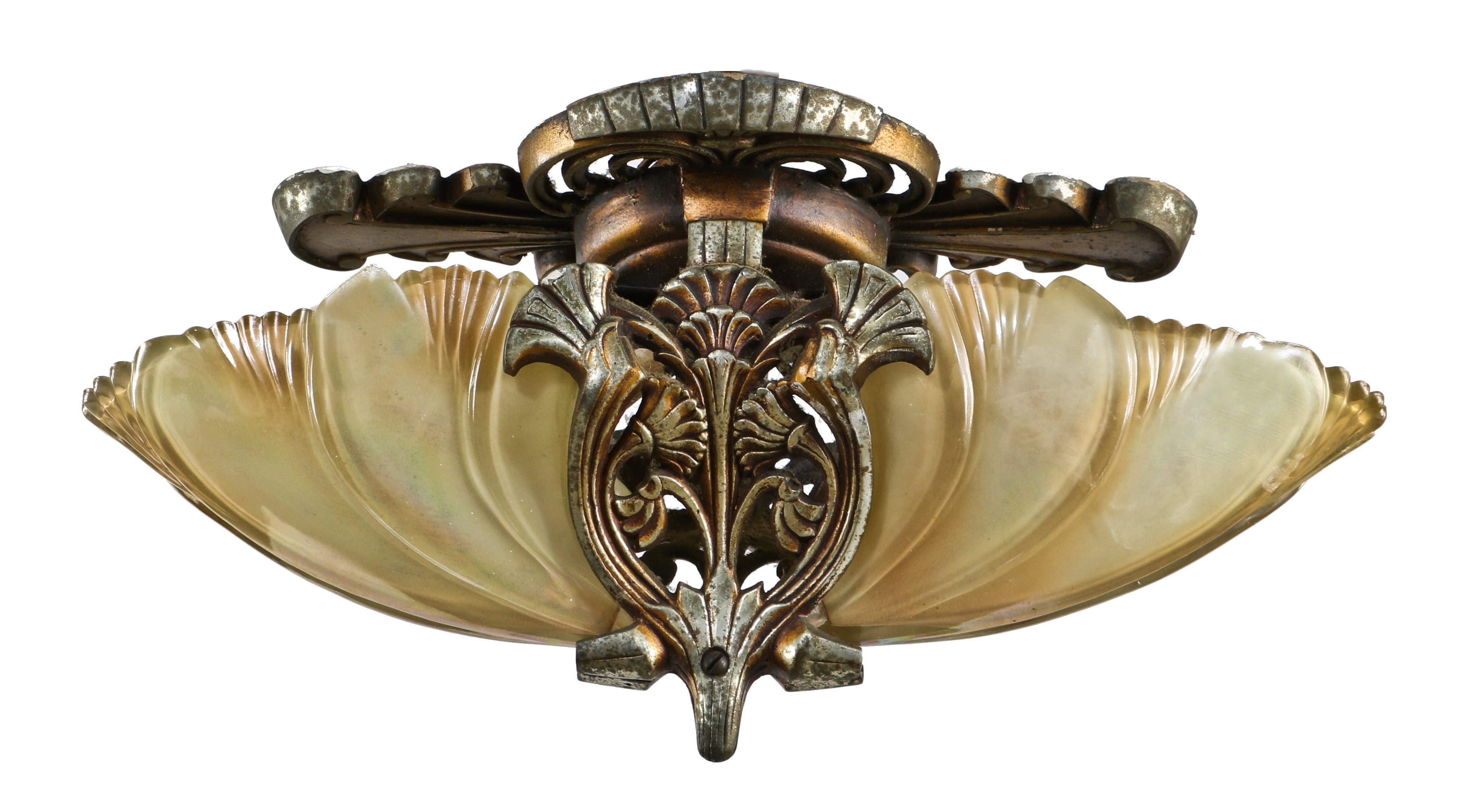 seldom found and highly desirable depression era american art deco "batwing" double-shade entrance or hallway interior flush mount ceiling fixture with original finish