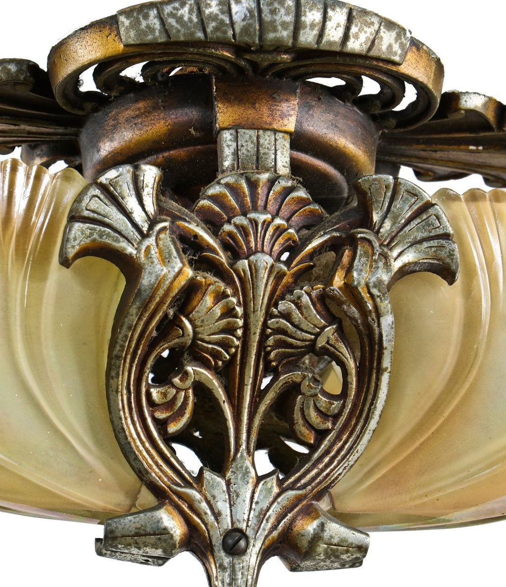 seldom found and highly desirable depression era american art deco "batwing" double-shade entrance or hallway interior flush mount ceiling fixture with original finish