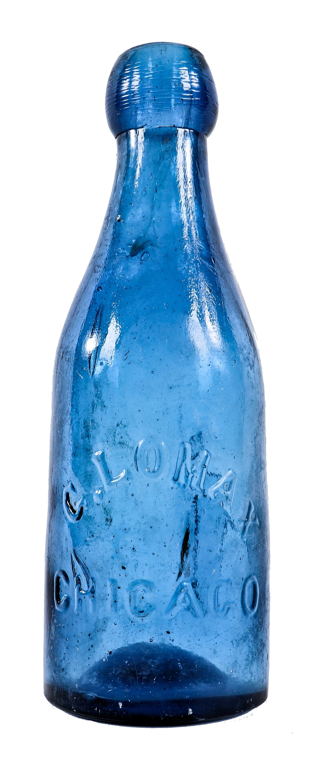 original and intact late 1850's or early 1860's privy-dug chicago cobalt blue glass blobtop soda bottle manufactured for chicago bottler george lomax