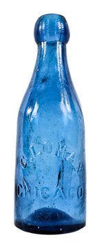 original and intact late 1850's or early 1860's privy-dug chicago cobalt blue glass blobtop soda bottle manufactured for chicago bottler george lomax