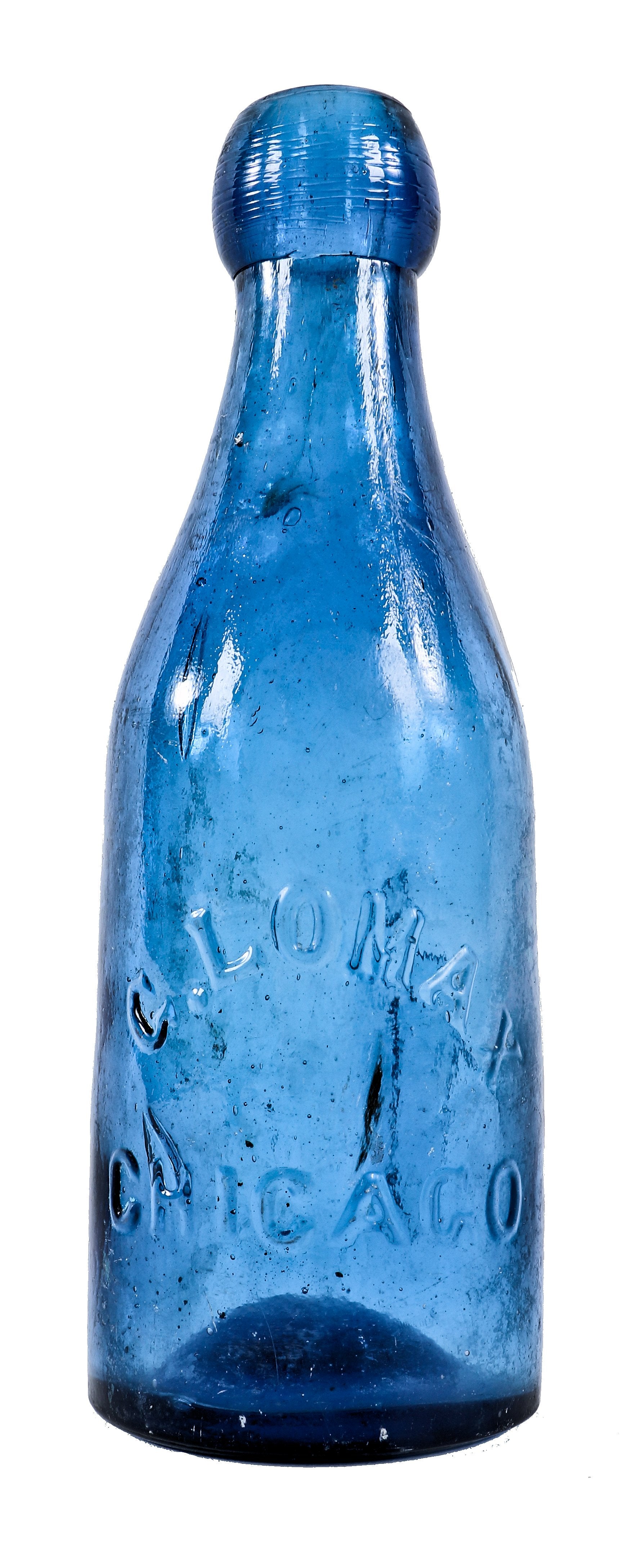 original and intact late 1850's or early 1860's privy-dug chicago cobalt blue glass blobtop soda bottle manufactured for chicago bottler george lomax