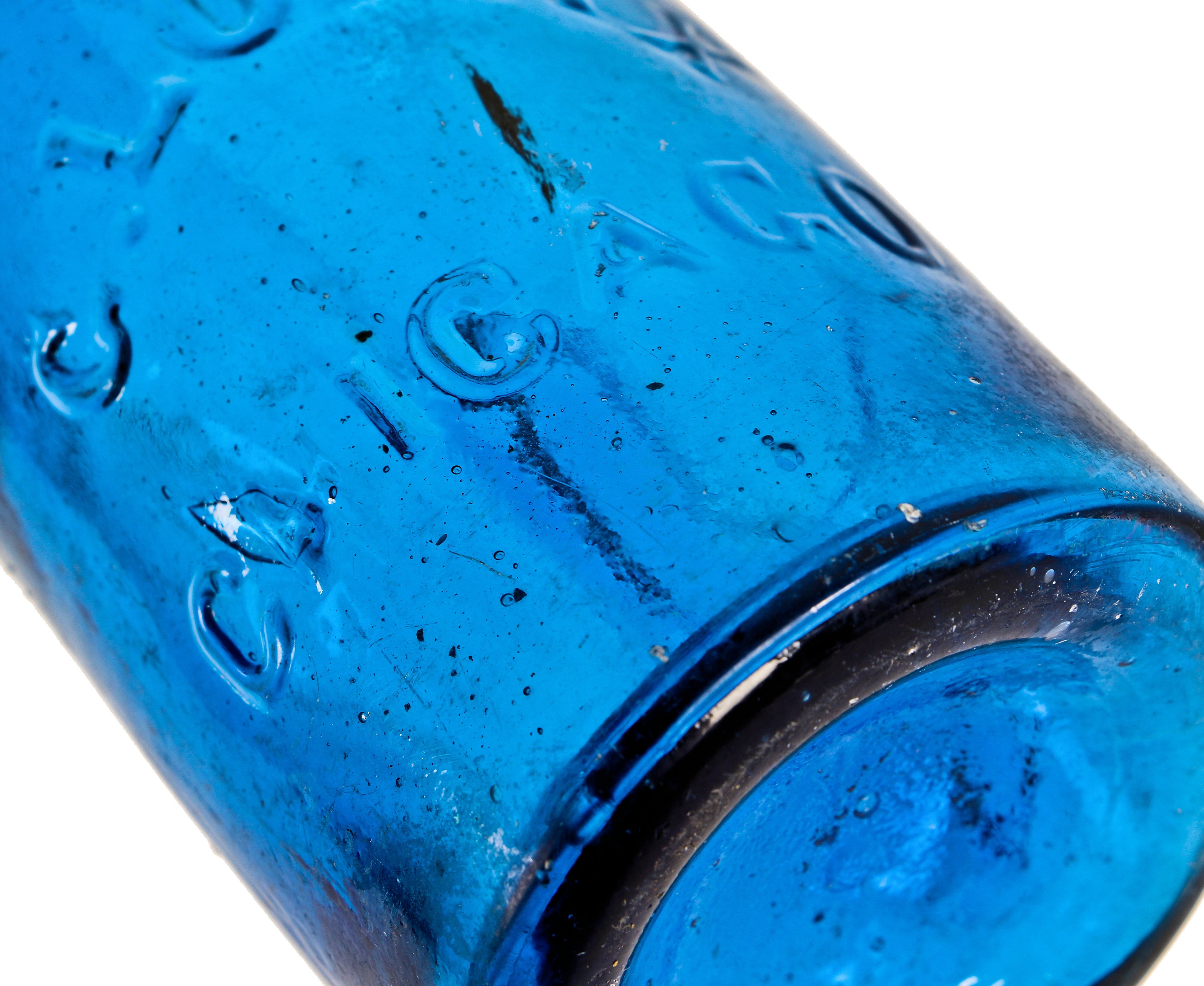 original and intact late 1850's or early 1860's privy-dug chicago cobalt blue glass blobtop soda bottle manufactured for chicago bottler george lomax