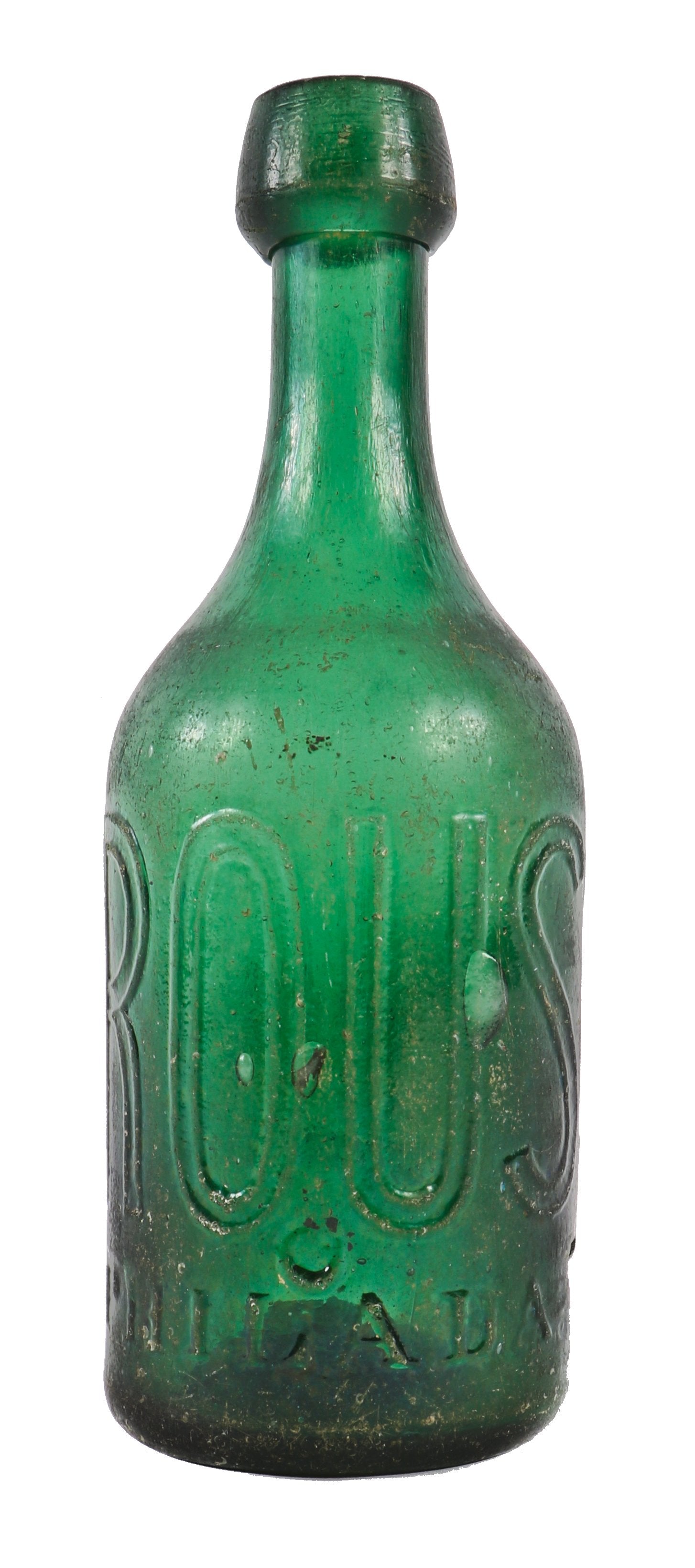 richly colored original and intact c. late 1850's dark emerald green iron-pontiled soda bottle manufactured for philadelphia bottler eugene roussel