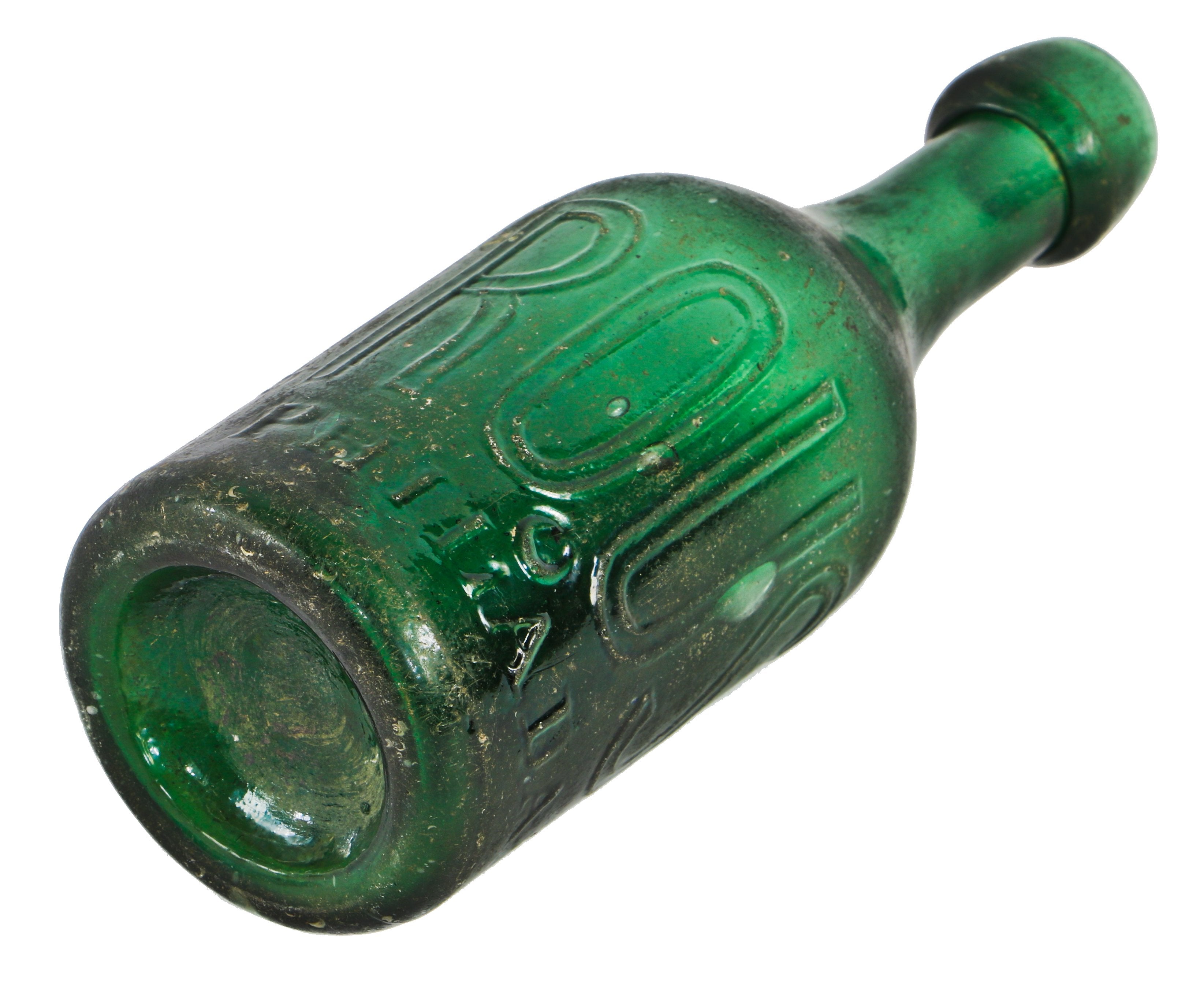 richly colored original and intact c. late 1850's dark emerald green iron-pontiled soda bottle manufactured for philadelphia bottler eugene roussel