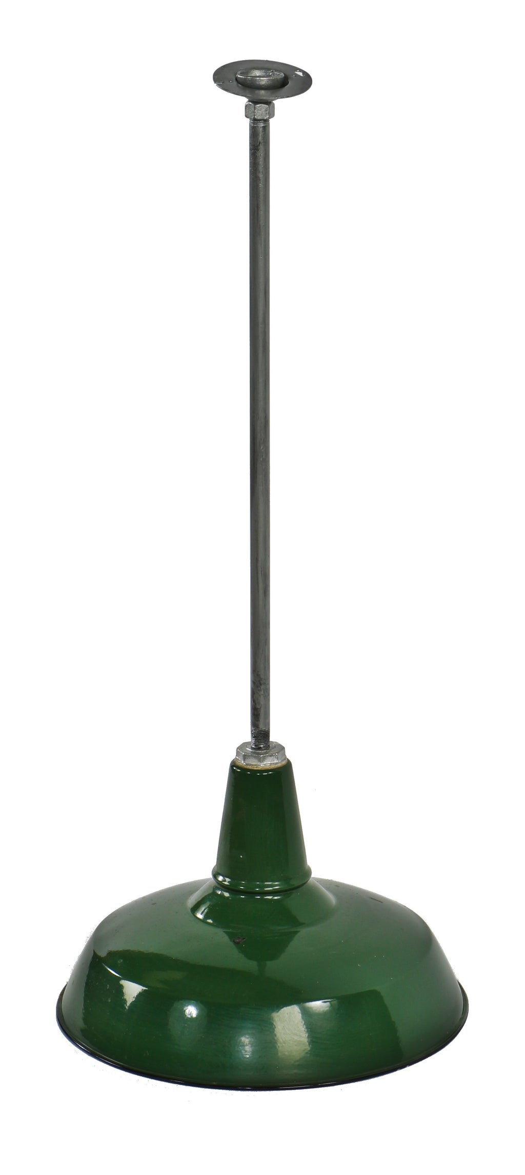 original c. 1930's antique american industrial single ceiling-mount green porcelain enameled factory machine shop pendant light with steel pipe stem and pivoting canopy