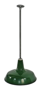 original c. 1930's antique american industrial single ceiling-mount green porcelain enameled factory machine shop pendant light with steel pipe stem and pivoting canopy