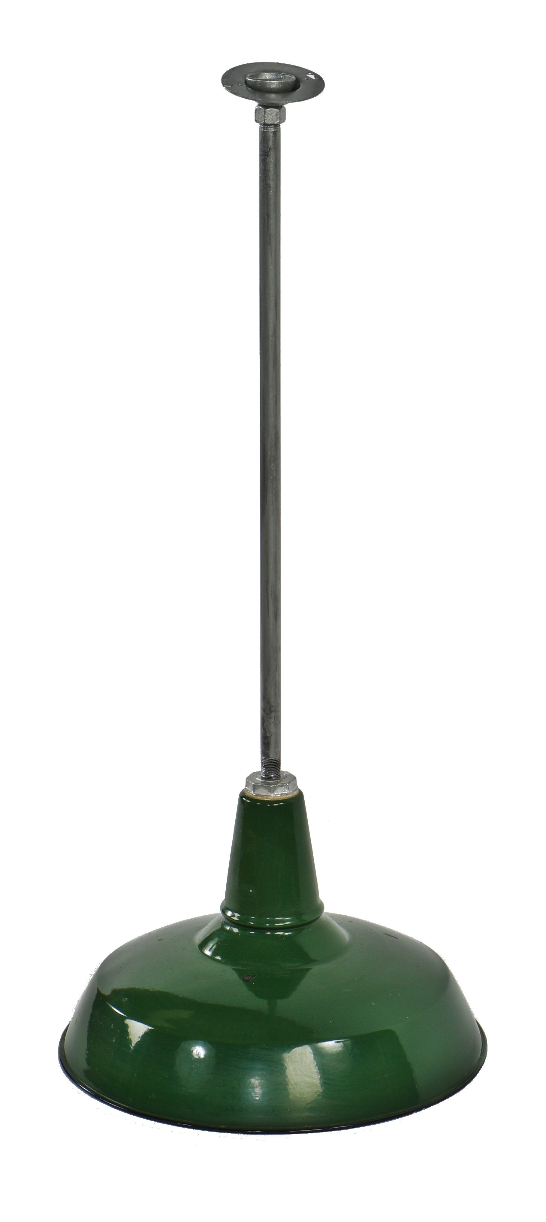 original c. 1930's antique american industrial single ceiling-mount green porcelain enameled factory machine shop pendant light with steel pipe stem and pivoting canopy