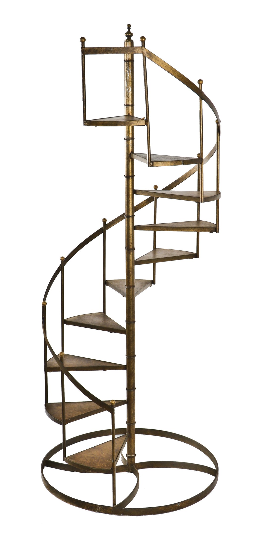 very unusual lightweight vintage american industrial salesman "sample" or model of a self-supporting steel spiral staircase with weathered brass plated finish