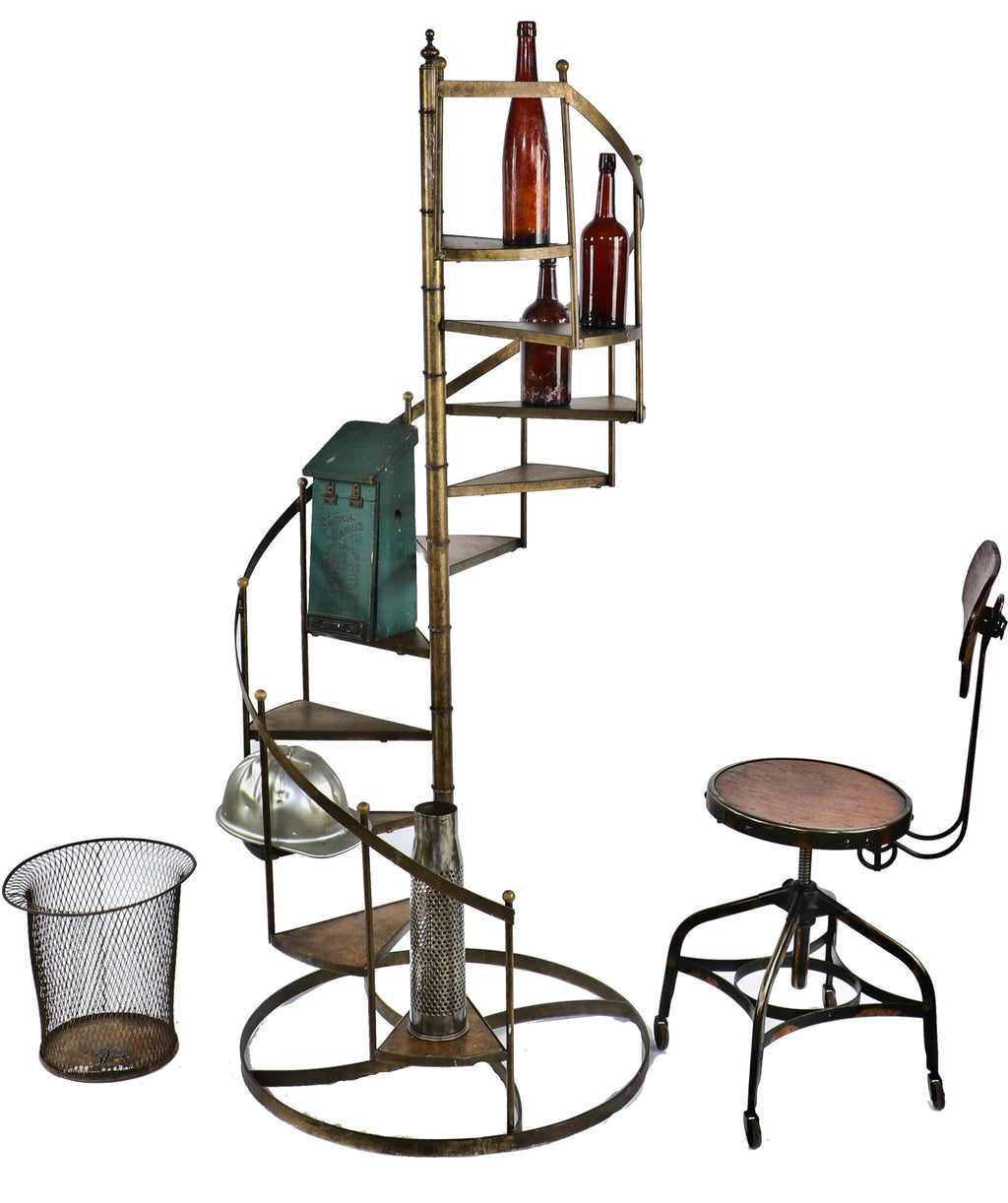 very unusual lightweight vintage american industrial salesman "sample" or model of a self-supporting steel spiral staircase with weathered brass plated finish