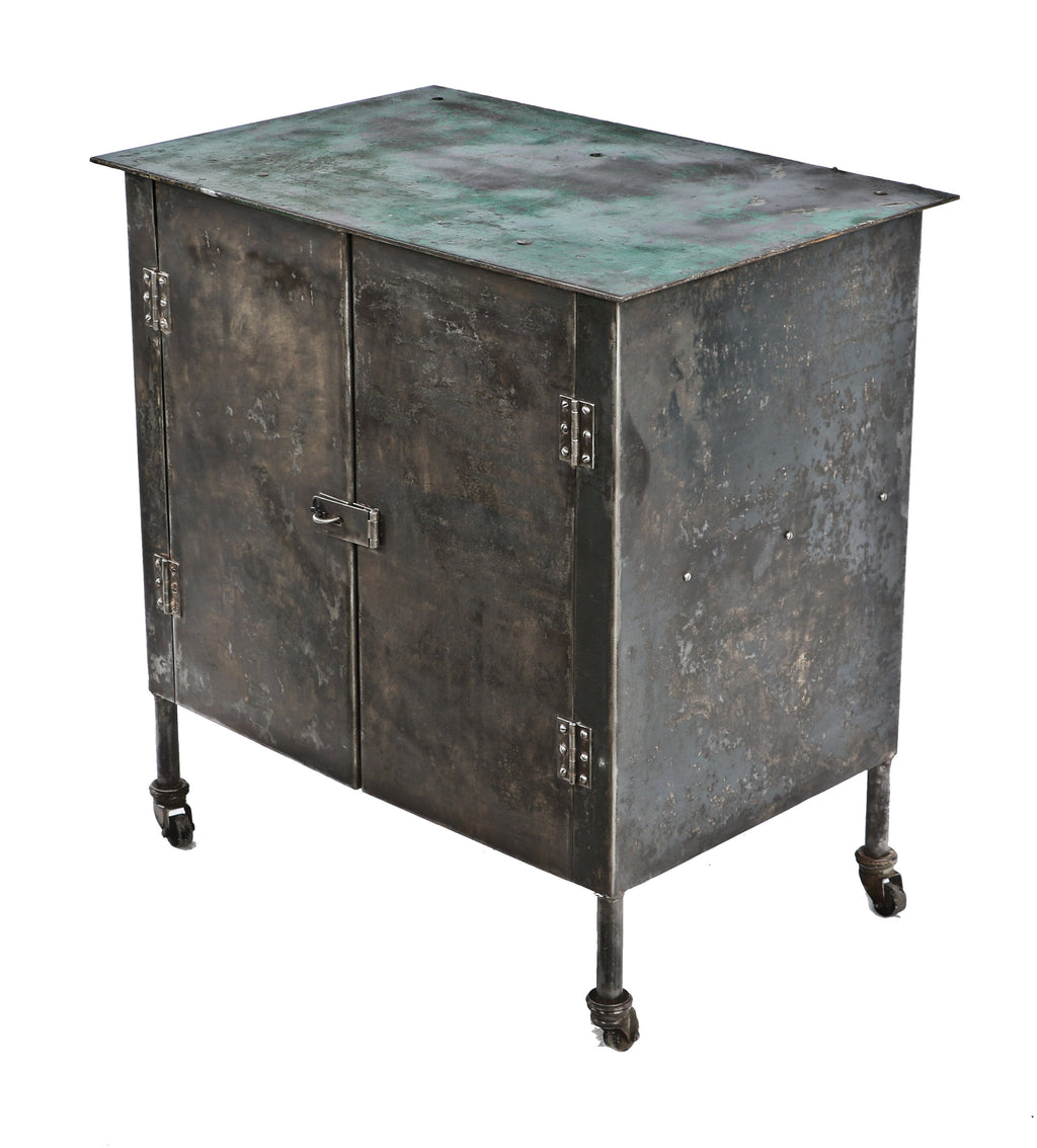 refinished c. 1930's american industrial mobile two-door factory machine shop lockable cold-rolled steel factory storage cabinet with flush mount surface hinges