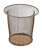 single nicely worn and weathered american industrial low-lying expanded metal factory or commercial building "nemco" waste can with rolled rim and stamped metal bottom