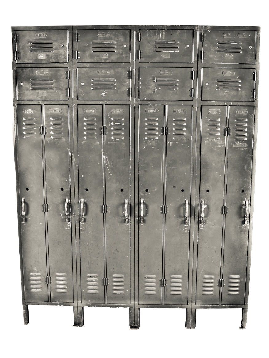 towering early 20th century antique america industrial salvaged chicago factory cold-rolled steel compartmentalized freestanding "berloy" locker with brushed metal finish