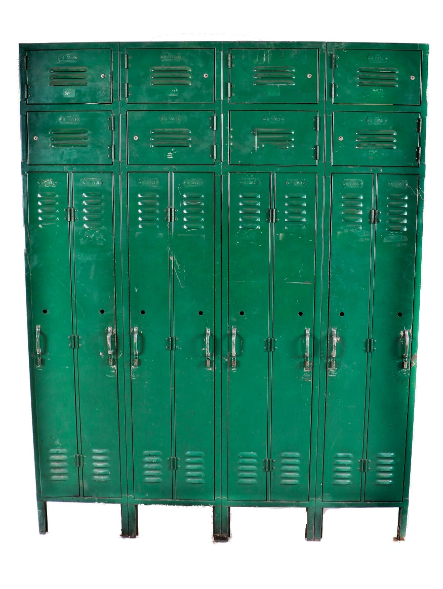 one of three matching c. 1919-1925 antique american industrial oversized heavily compartmentalized green painted riveted joint freestanding steel locker from a chicago factory