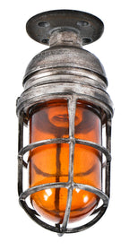 fully functional single american vintage industrial ceiling or wall-mount "explosion proof" single light fixture with a dark amber impact resistant glass shade or globe