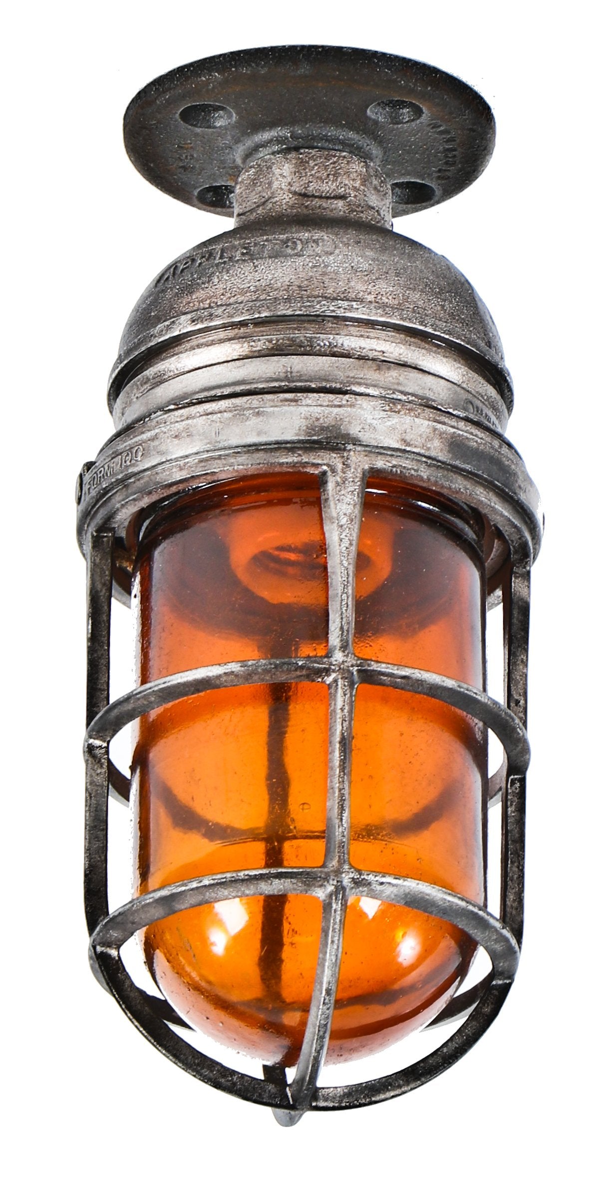 fully functional single american vintage industrial ceiling or wall-mount "explosion proof" single light fixture with a dark amber impact resistant glass shade or globe