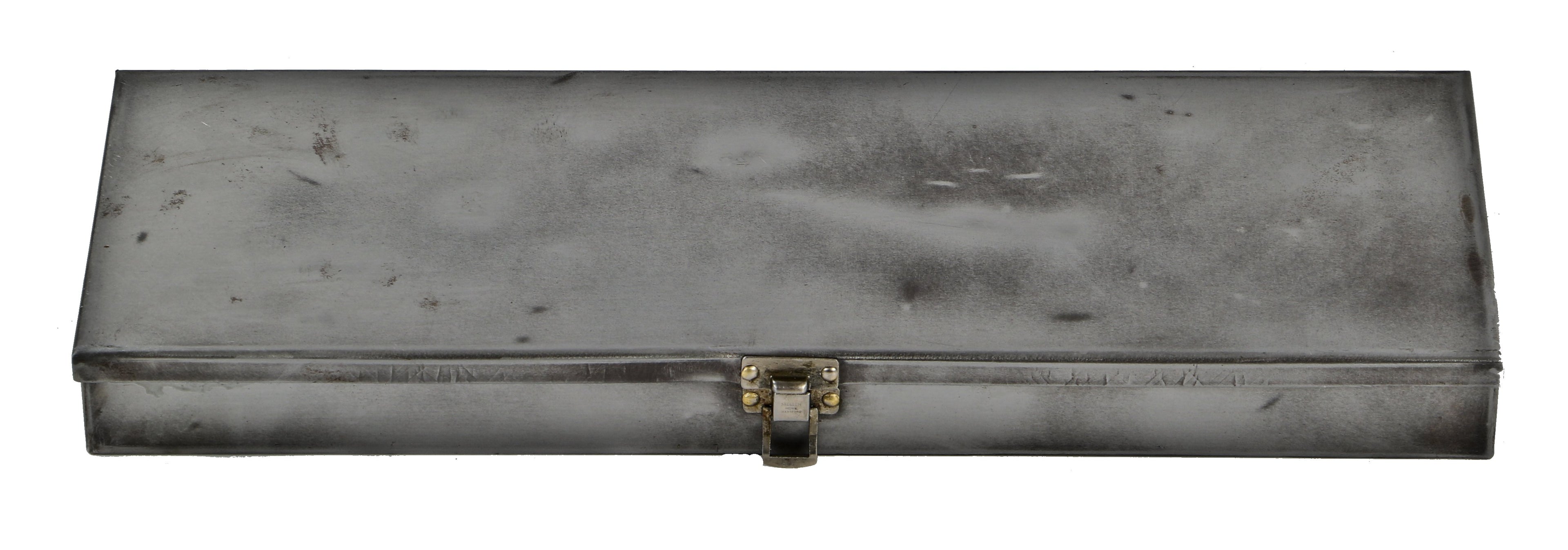 original oversized c. 1950's vintage american industrial pressed and folded sheet steel single interior compartment hand tool cabinet or storage box with brushed metal finish