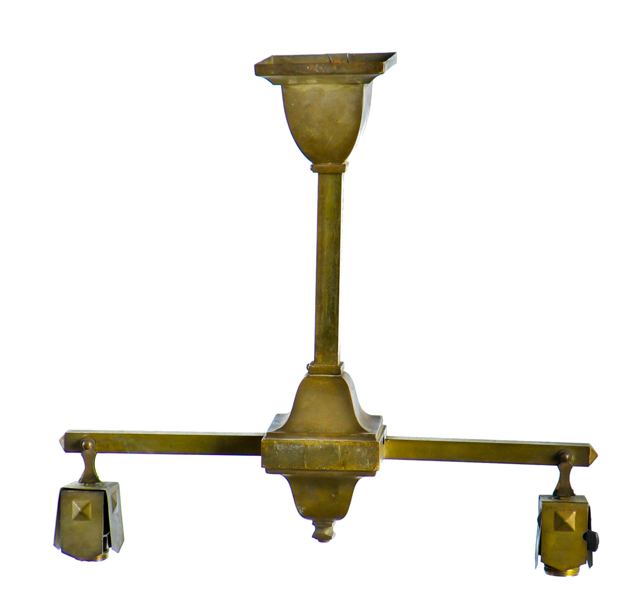 c. 1910-1915 original and completely intact nicely aged yellow brass double arm interior residential ceiling-mount antique american light fixture with matching paddle sockets