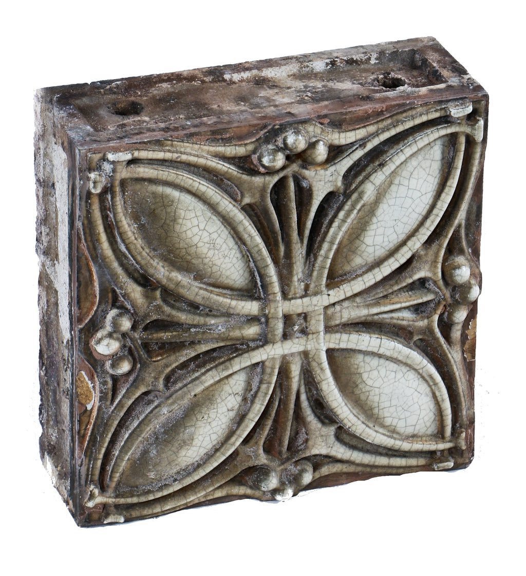 hard to find all original and intact early 20th century american antique "sullivanesque" style white glazed terra cotta geometric floral chicago garage facade block
