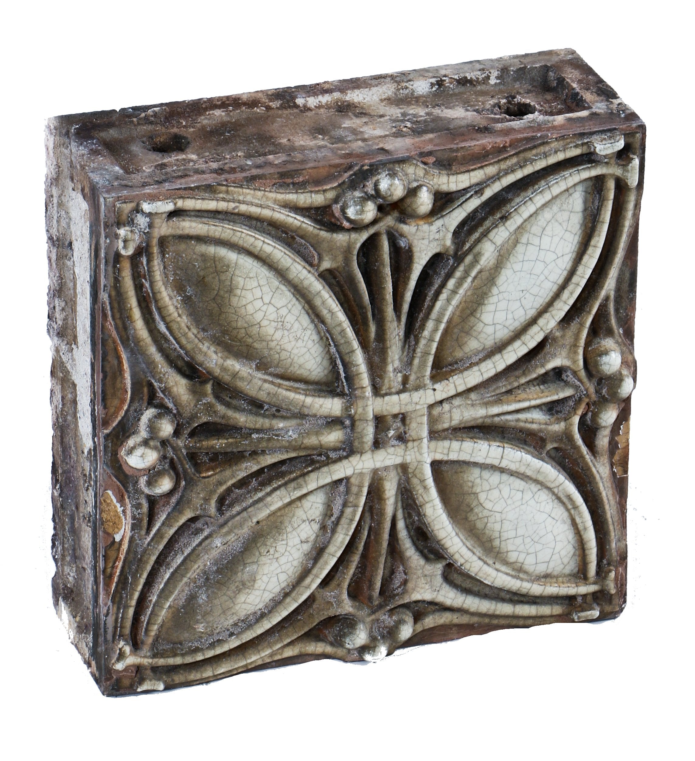 hard to find all original and intact early 20th century american antique "sullivanesque" style white glazed terra cotta geometric floral chicago garage facade block