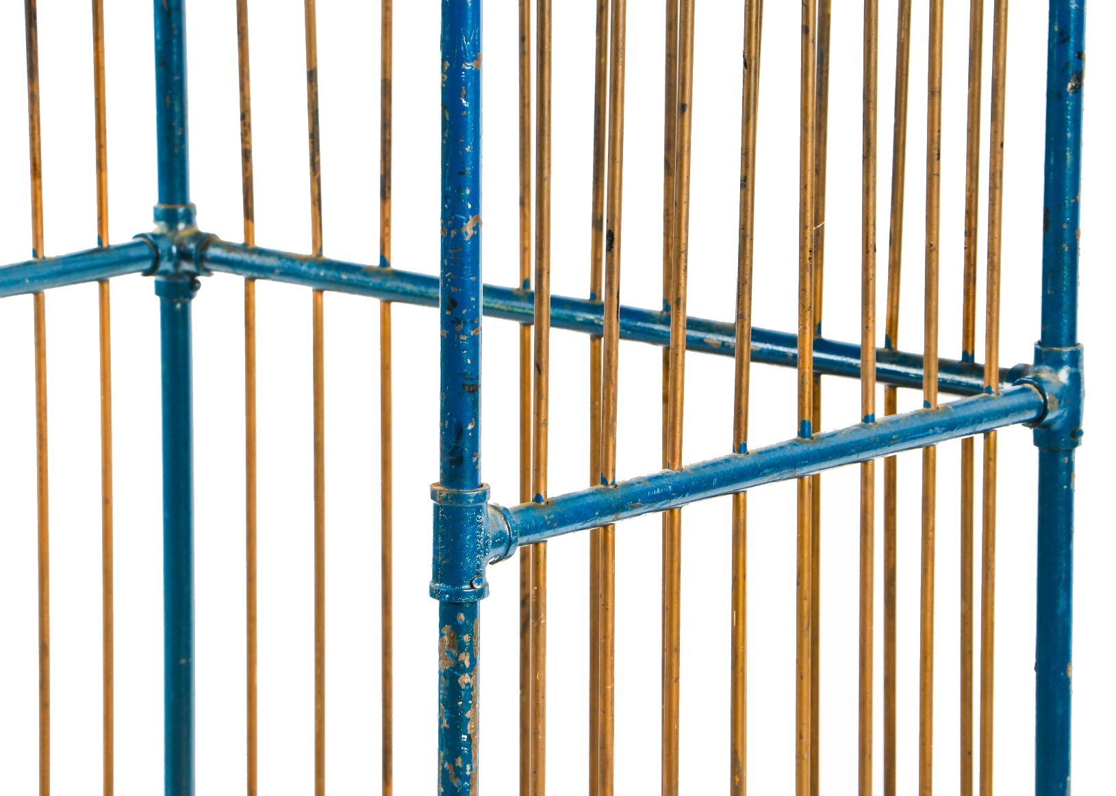 original vintage american industrial mobile tubular steel robust bindery cart with unusual copper rods and multiple pipe fittings containing an old blue paint finish
