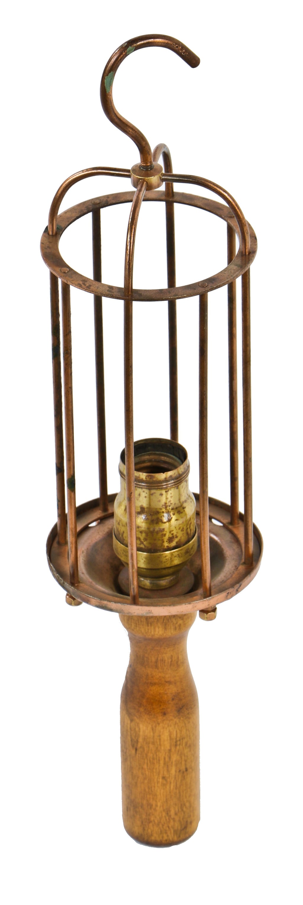 early 1920's antique american industrial portable "trouble light" or lamp guard with a refinished finely turned maple wood handle and copper-plated cage