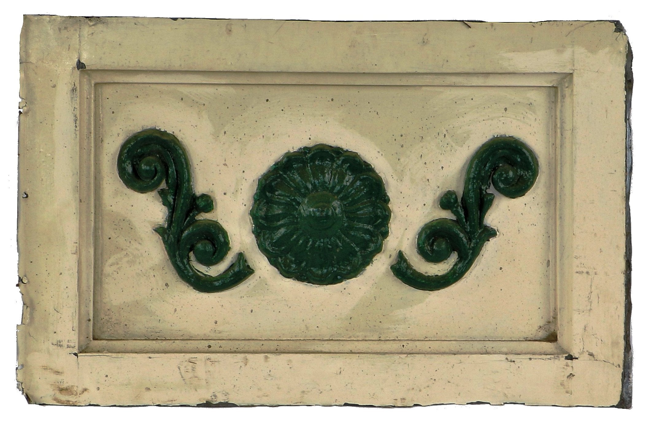 original late 1880's exterior chicago commercial building painted single-sided zinc metal bay window ornament with centrally located protruding rosette