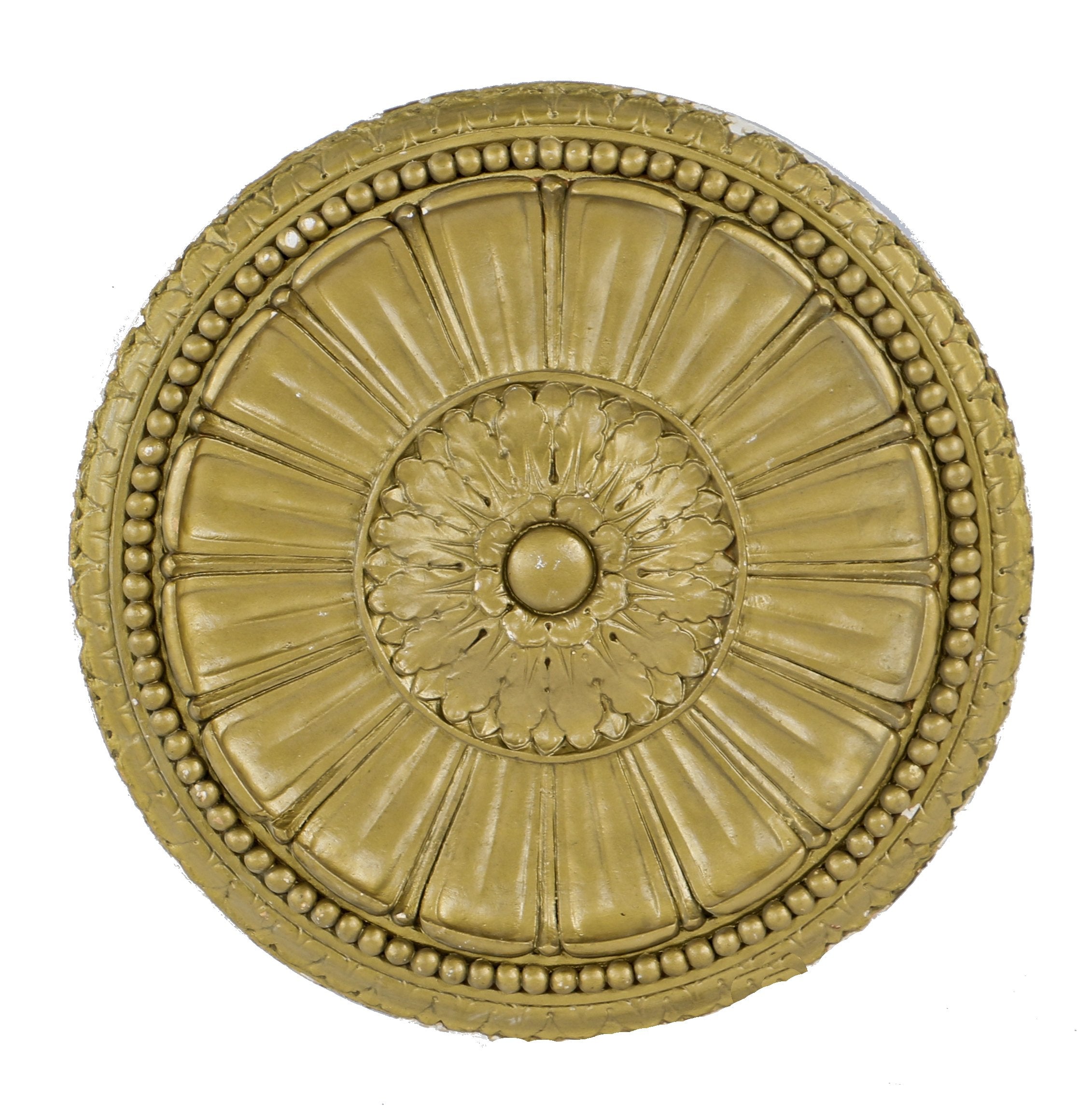 historically important original metallic gold enameled c. 1920's lakeshore drive athletic club flush mount oversized cast plaster rondel with beaded border