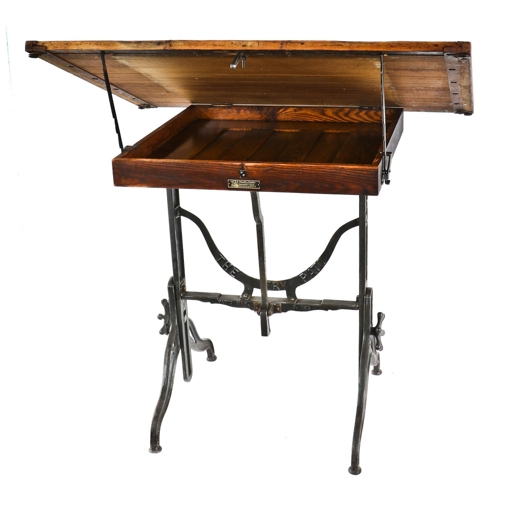 exceptional early 20th century antique american industrial refinished "the fry" fully adjustable architect's drafting table with original single oak wood cabinet and oversized hand wheels