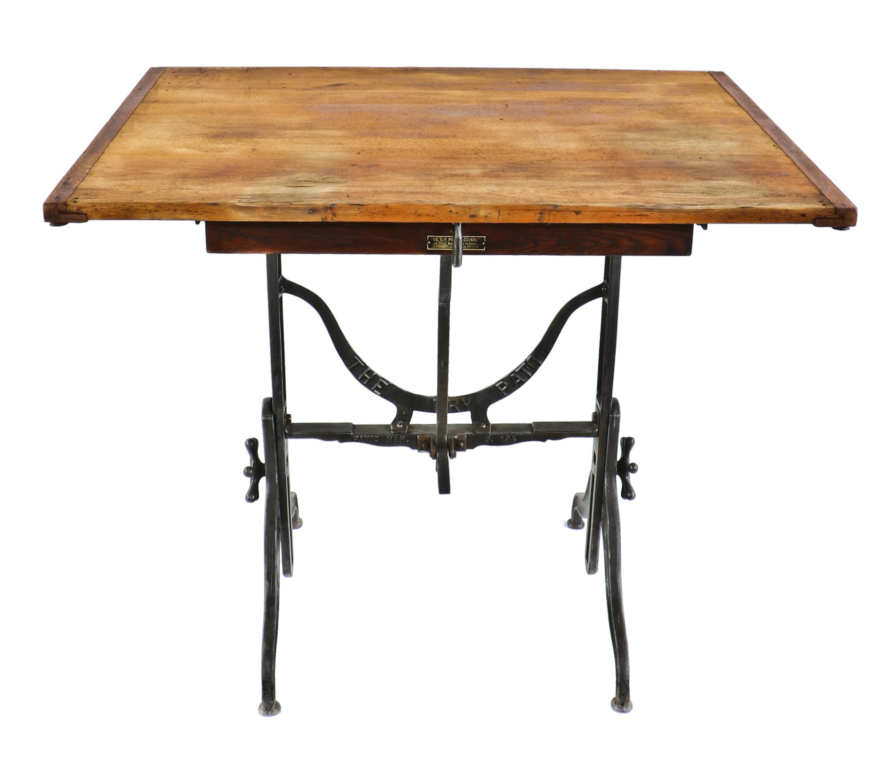 exceptional early 20th century antique american industrial refinished "the fry" fully adjustable architect's drafting table with original single oak wood cabinet and oversized hand wheels