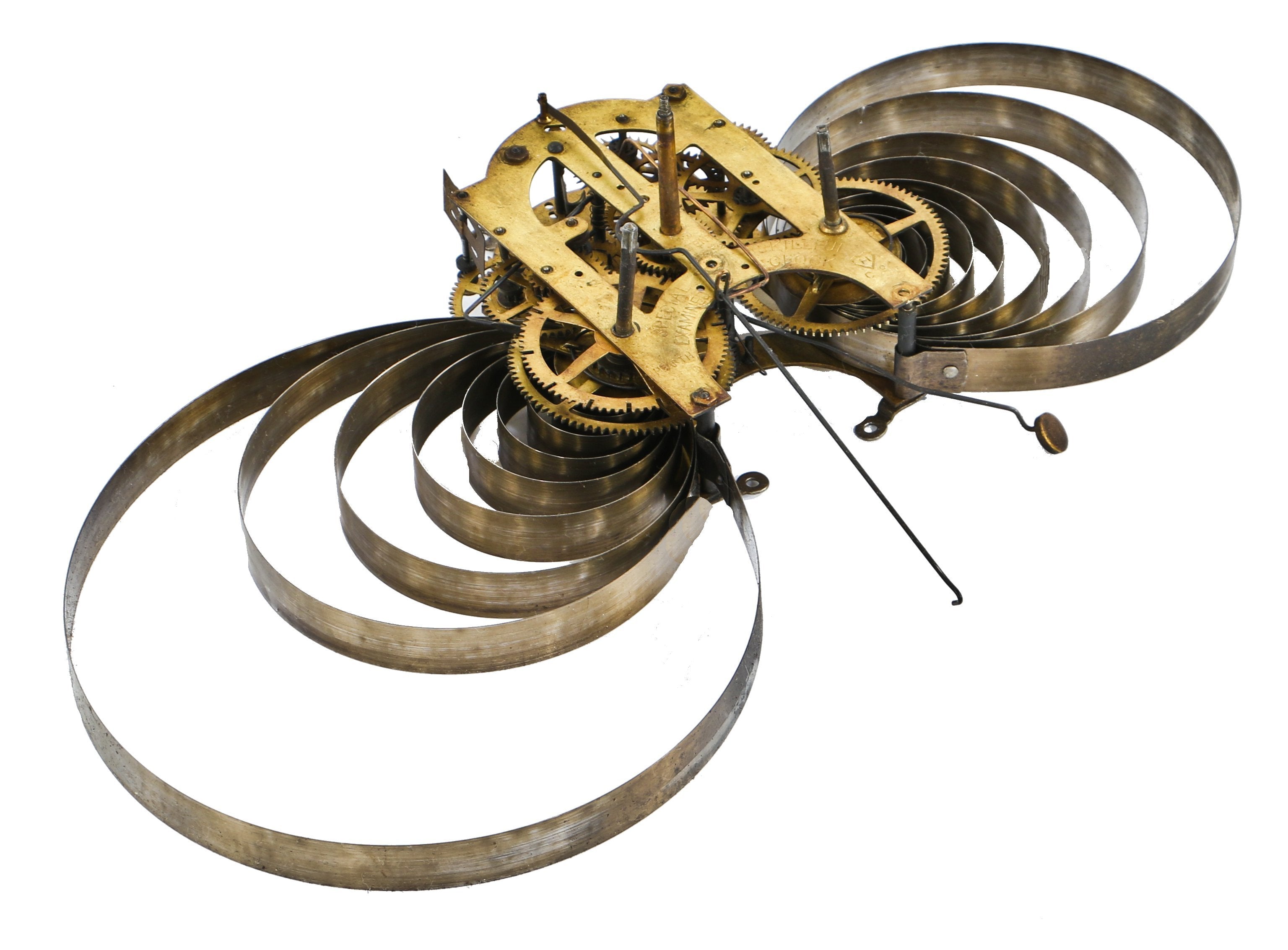 vintage american industrial or "steampunk" brass and steel wind-up wall clock gear and ratchet assemblage with opposed unwound springs