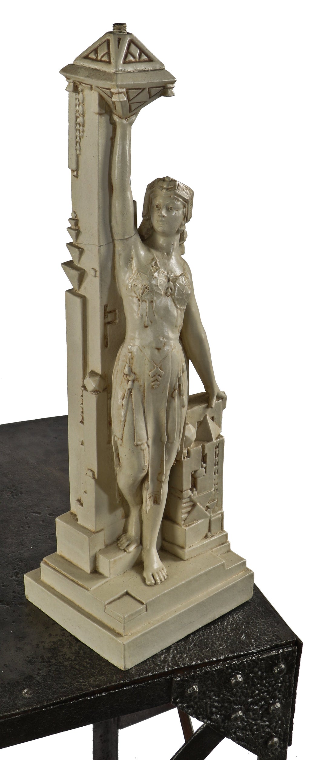 hard to find and highly desirable early 20th century antique american white-glazed terra cotta figural egyptian revival lamp with a glazed brown enameled inlay