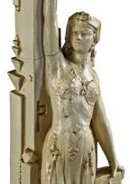 hard to find and highly desirable early 20th century antique american white-glazed terra cotta figural egyptian revival lamp with a glazed brown enameled inlay