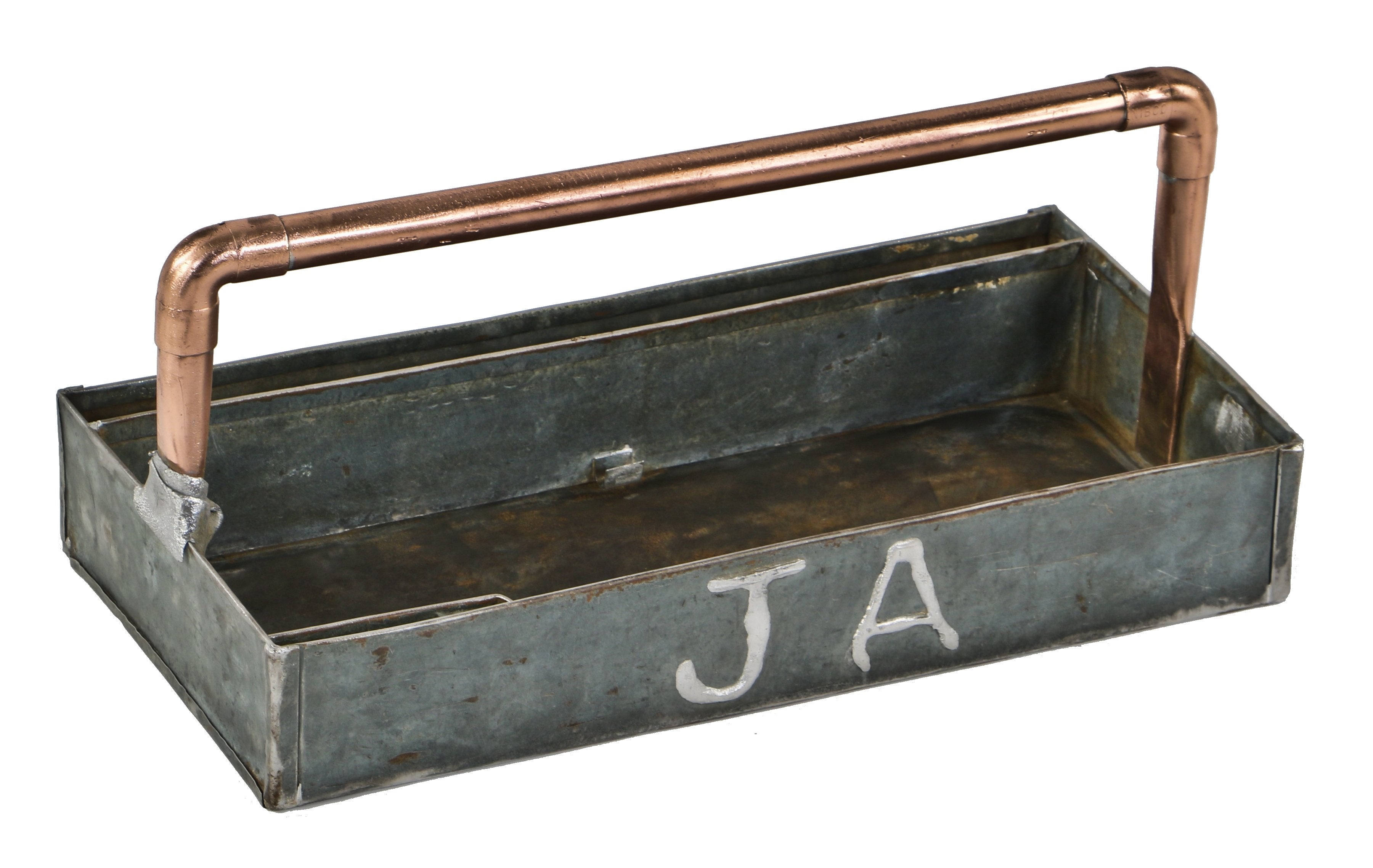 unusual c. 1930's american depression era industrial folk art galvanized steel and bent copper compartmentalized tote with machinist's initials brazed on the front