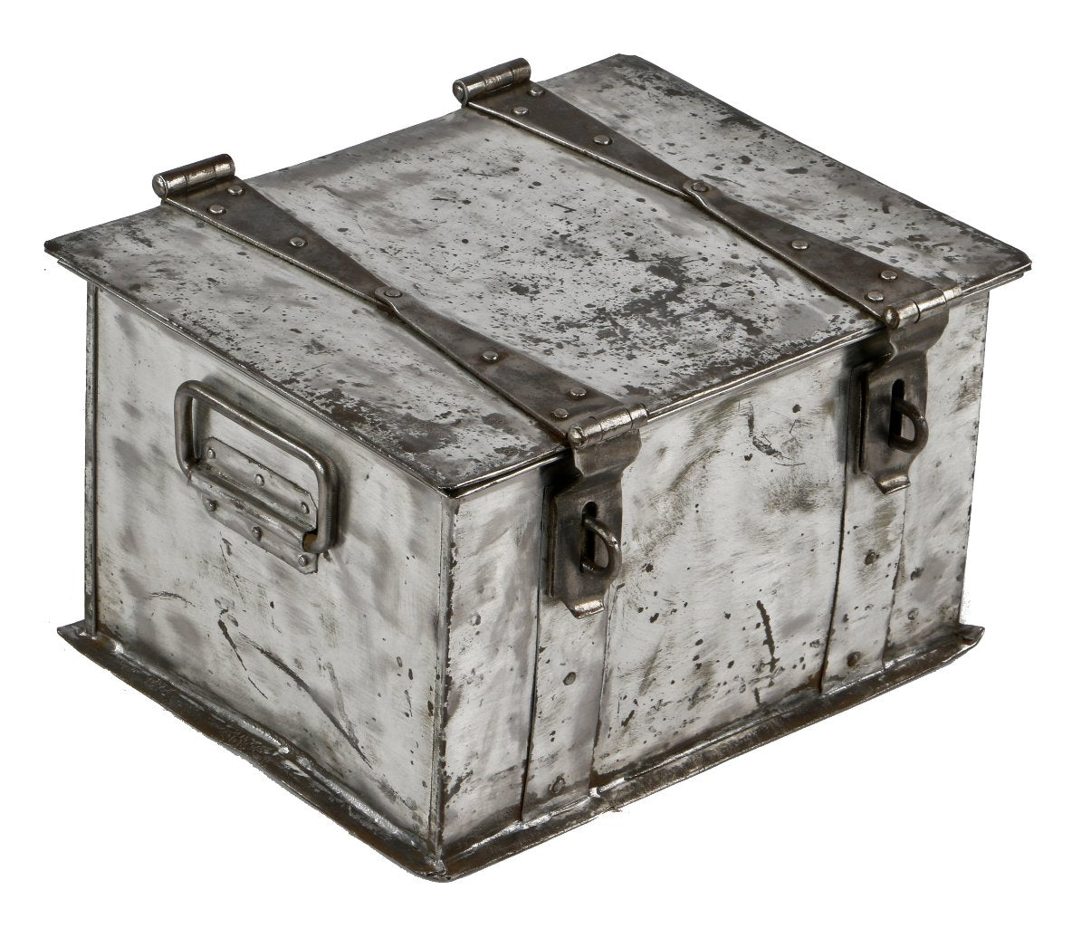 remarkable heavily reinforced c. 1870's antique american industrial "fire-proof" riveted joint strong box with opposed strap hinges and cement tile interior