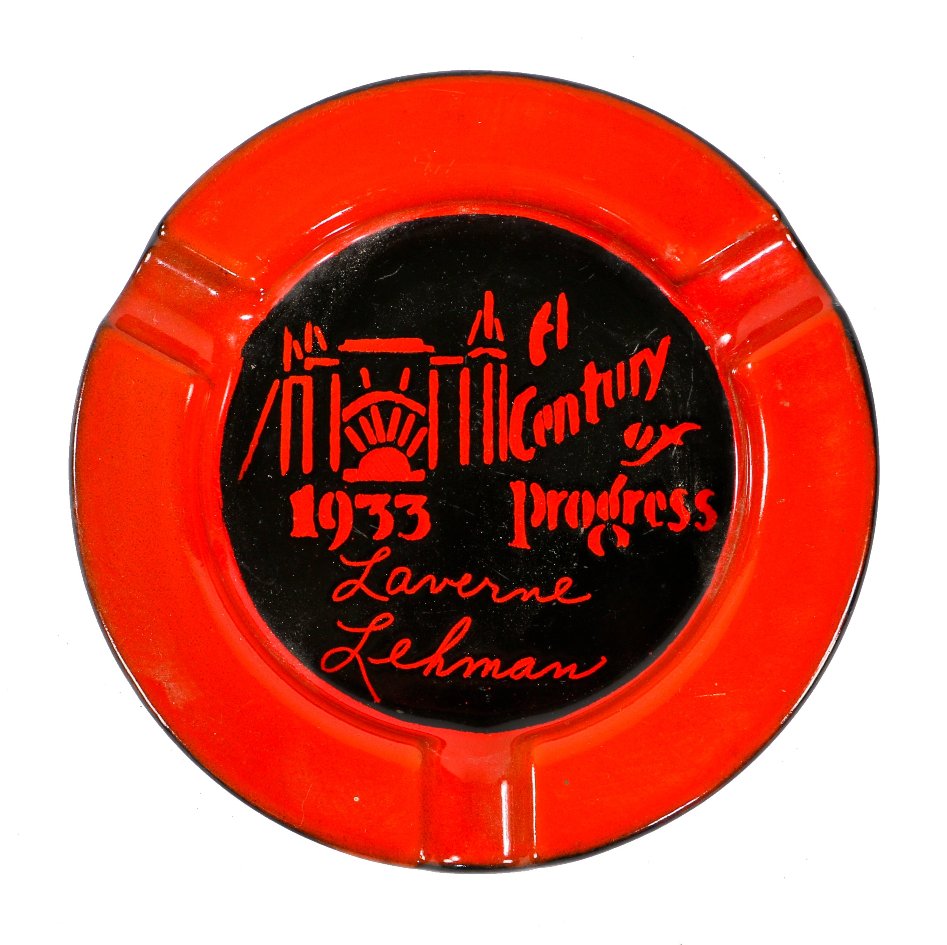 brightly colored intact 1933-34 "century of progress" chicago world's fair porcelain enameled customized souvenir ashtray made on the fairgrounds