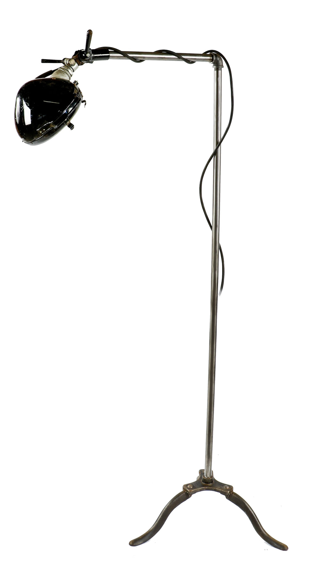 repurposed vintage american industrial freestanding three-legged threaded steel pipe reading or floor lamp with depression era adjustable police cruiser spotlight