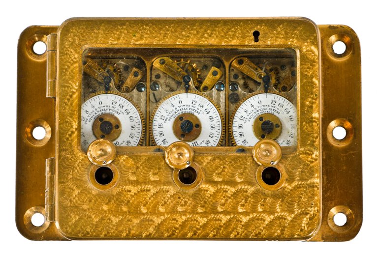 one of two nearrly matching original antique american c. 1919-20 machined cast bronze "stockwell's patent" three-movement noel bank vault door time clock