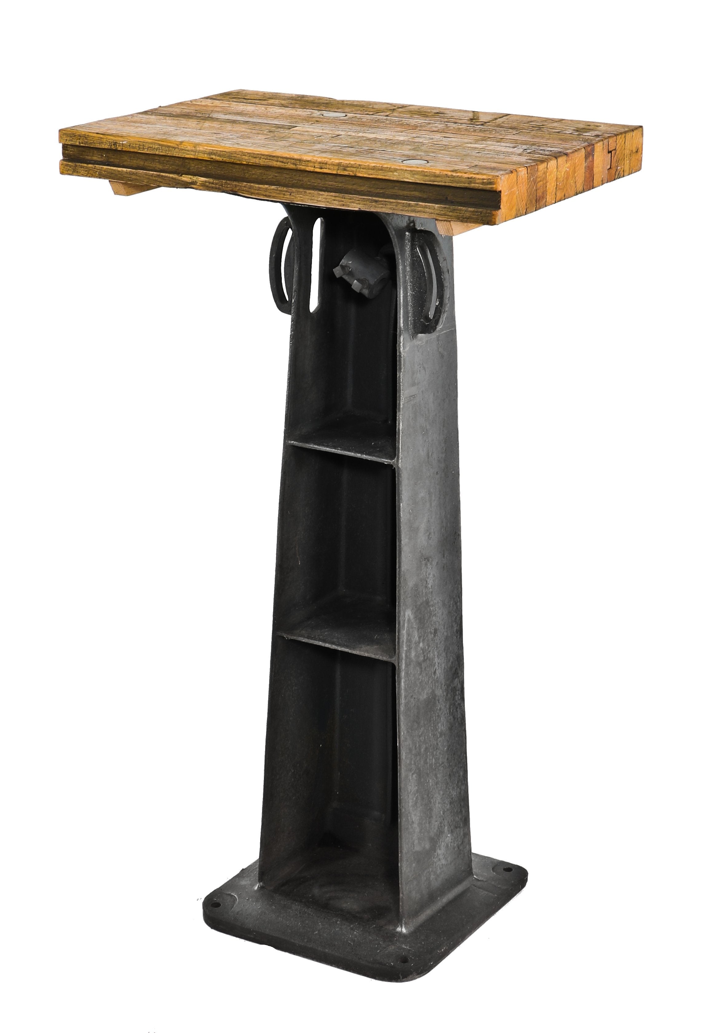 repurposed american industrial freestanding heavy duty display stand featuring a brushed metal cast iron rivet machine base with multiple compartments