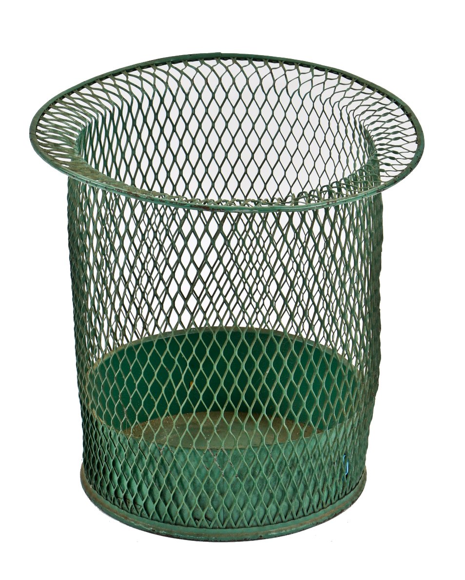 highly sought after original american depression era expanded steel "nemco" green painted office trash or paper can with securely attached bottom