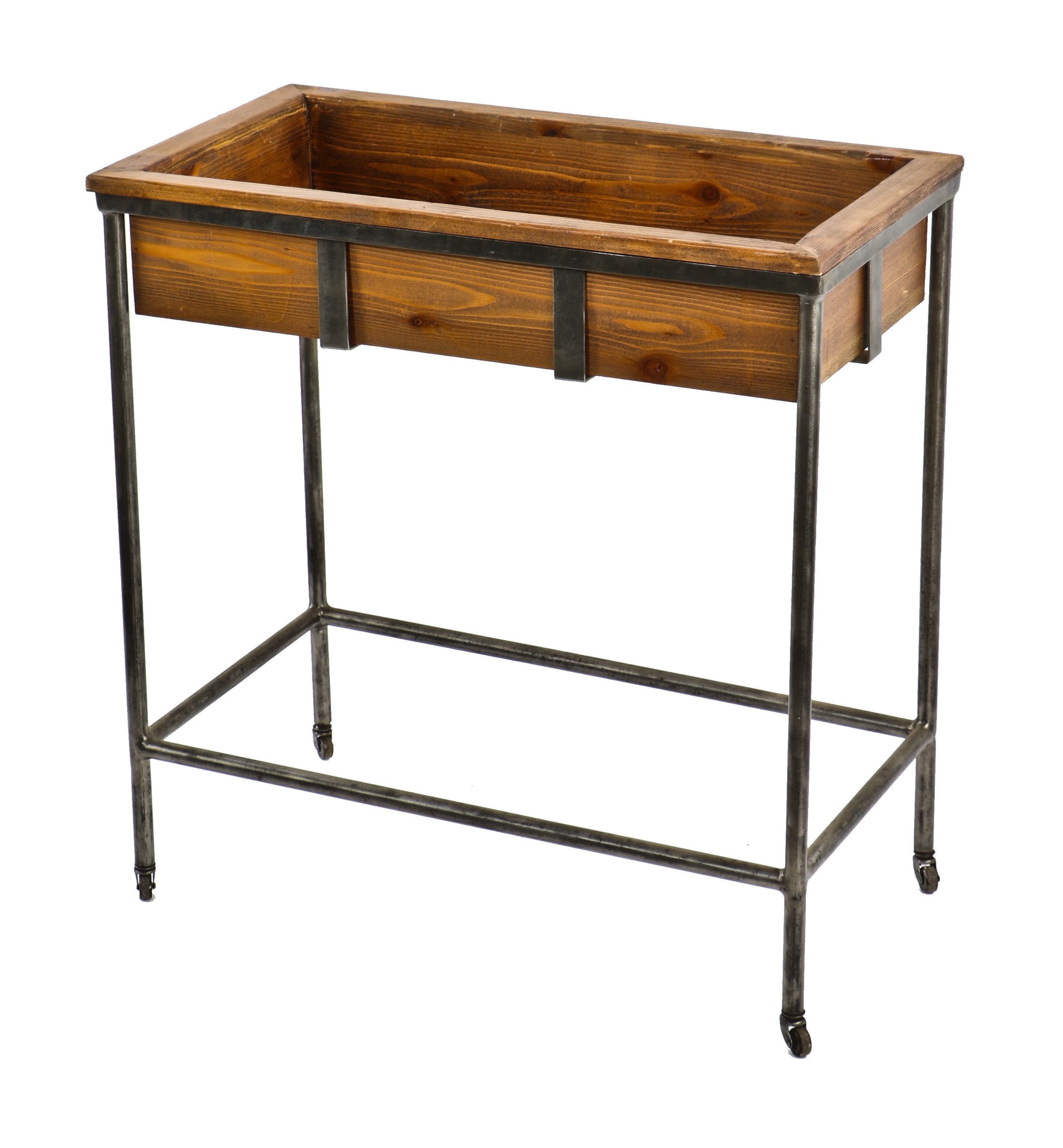 individualistic antique american medical repurposed maternity ward mobile tubular steel four-legged bassinet with custom-built hickory wood planter box