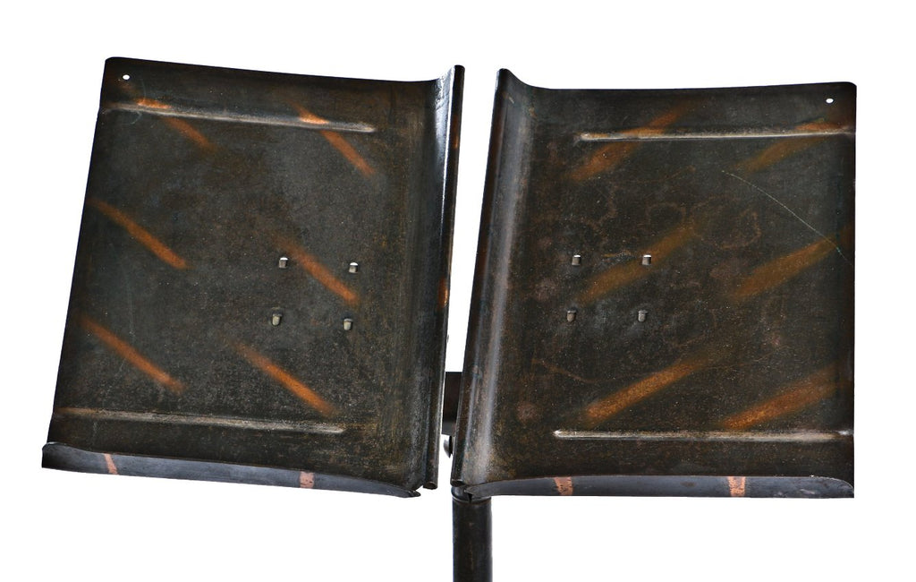 original c. early 20th century american industrial antique "dann's all-steel" mobile three-legged dictionary stand with original oxidized copper finish